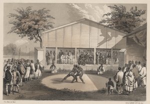 Worstelaars in Yokohama, litho door Sarony und Co., 1855 door W. T. Peters
